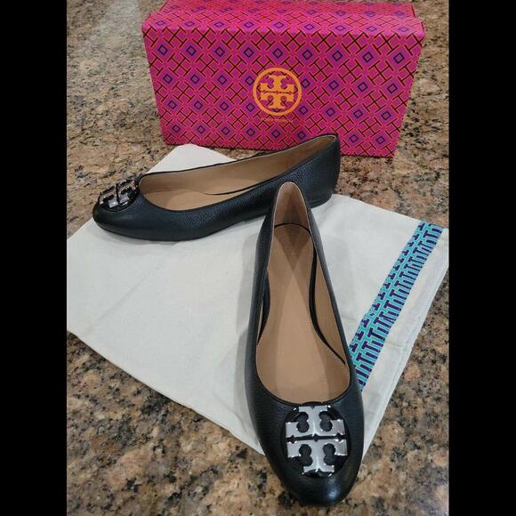 Tory Burch Shoes - TORY BURCH Silver Logo Claire Black TUMBLED LEATHER BALLET Flat Womens Shoe 10.5
